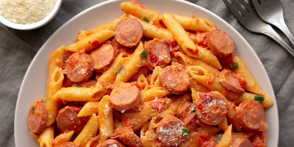 One Pan Cheesy Signature Smoked Hunter's Sausage Pasta