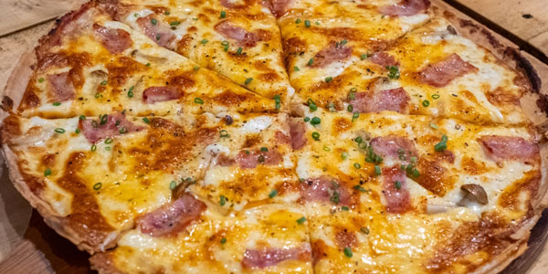 Beer Cheese Soup and Bacon Flatbread Pizza