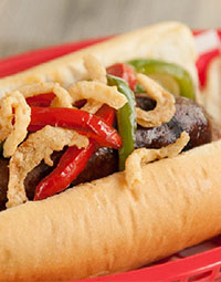 Grilled Brats with Peppers & Crispy Onions