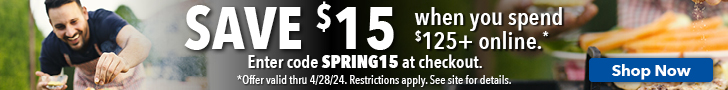 Promotion Details: Save $15 off your online order of $125+ with promo code SPRING15. Offer valid 4/22/2024-4/28/2024