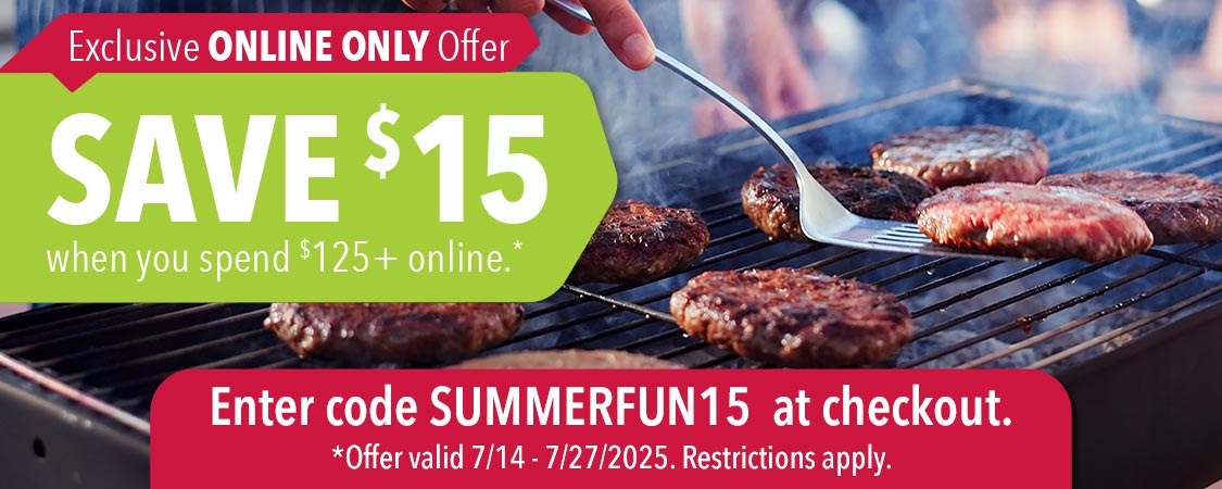 Save $15 when you spend $125+ online