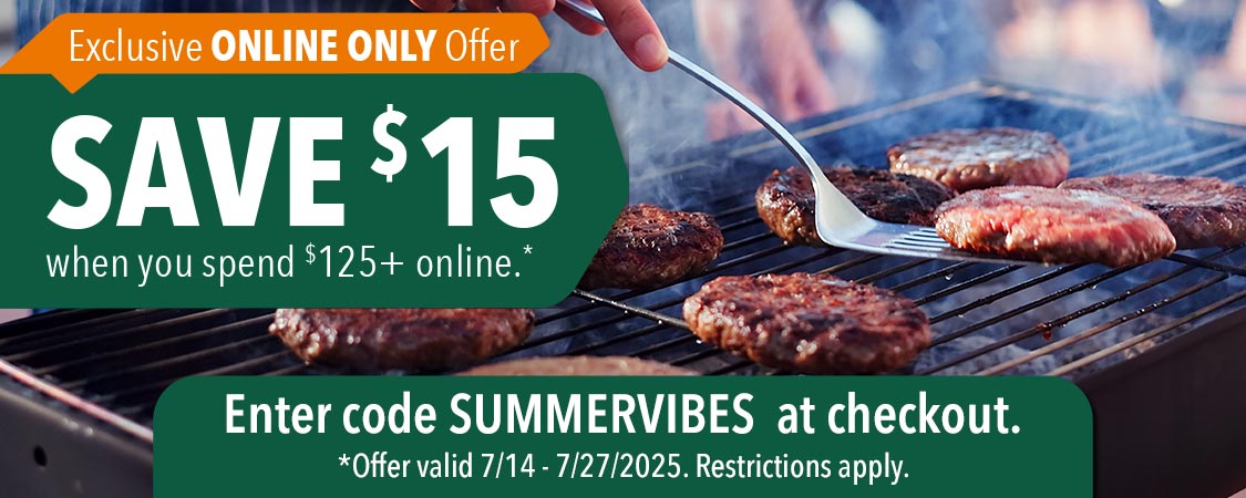 Save $15 when you spend $125+ online