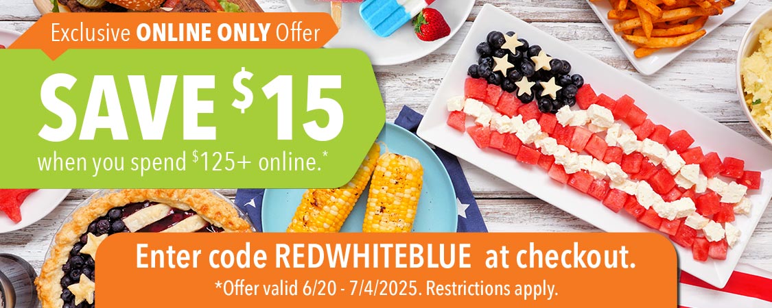 Save $15 when you spend $125+ online