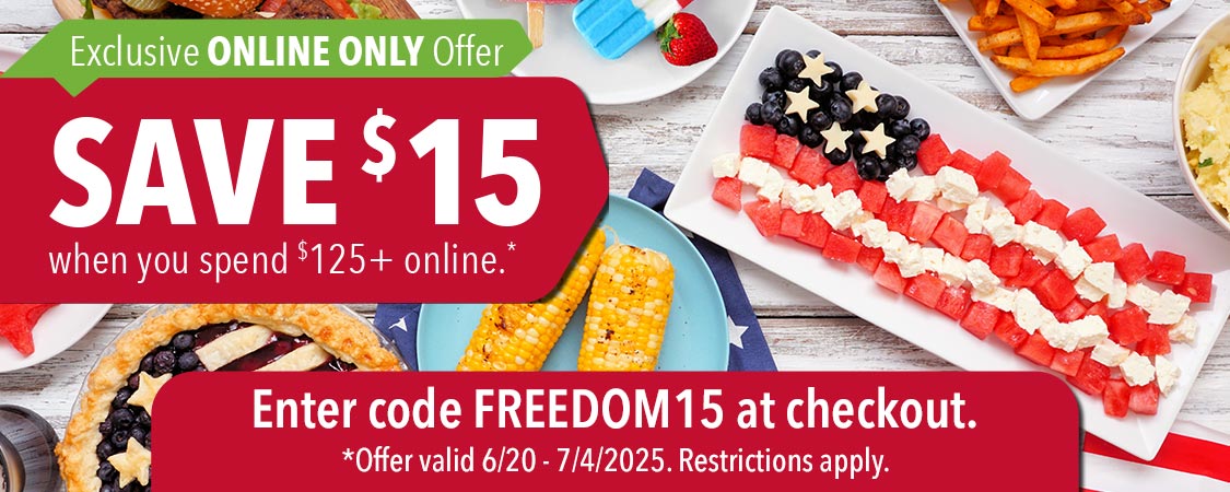 Save $15 when you spend $125+ online