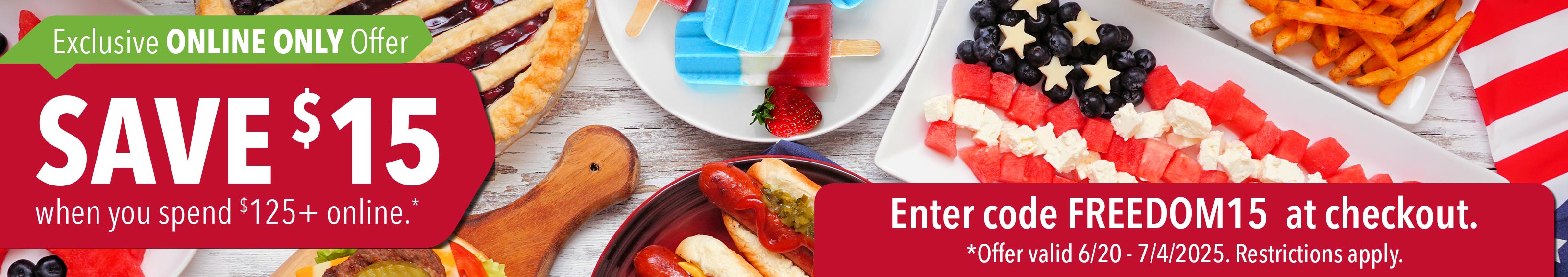 Save $15 when you spend $125+ online