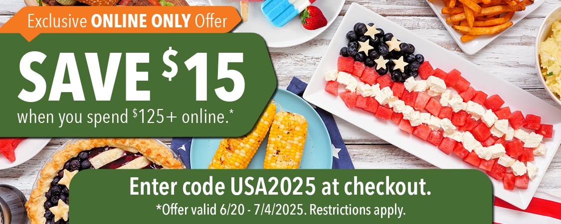 Save $15 when you spend $125+ online