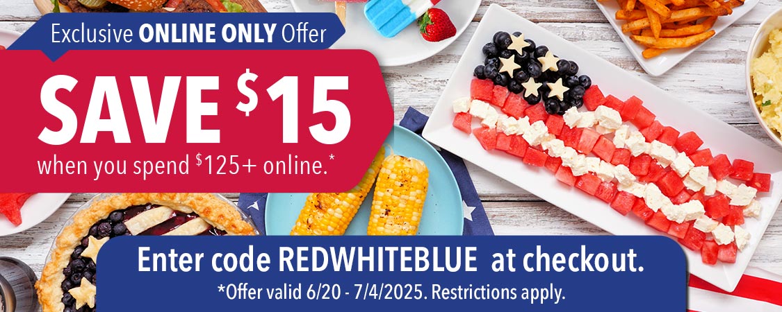 Save $15 when you spend $125+ online