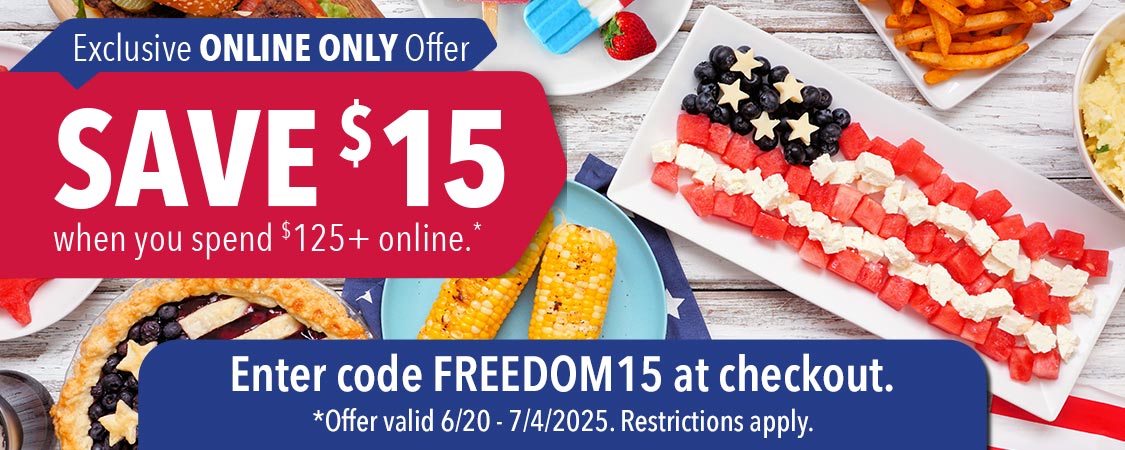 Save $15 when you spend $125+ online