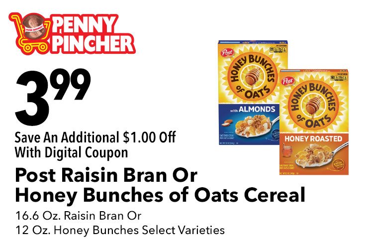Post Raisin Bran Or Honey Bunches of Oats Cereal